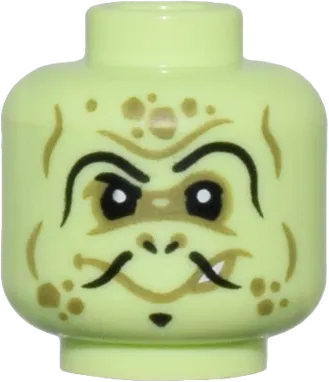 Minifigure, Head Alien Thin Curved Black Eyebrows, Fu Manchu Moustache, and Olive Green Wrinkles and Spots Pattern - Vented Stud