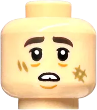 Minifigure, Head Dual Sided Dark Brown Thick Eyebrows, Dark Tan Scuff Marks, Chin Dimple, Worried Open Mouth with Teeth / Frown Pattern - Vented Stud