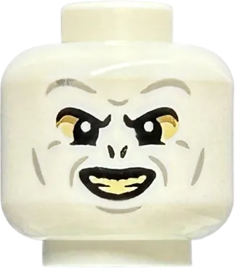 Minifigure, Head Alien with HP Voldemort Black Eyebrows and Nostrils, Light Bluish Gray Wrinkles, Dark Tan and Tan Eye Shadow, Open Mouth Smile with Bright Light Yellow Teeth Pattern - Vented Stud