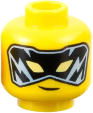 Minifigure, Head Dual Sided Reddish Brown Eyebrows, Medium Nougat Freckles, Scowl / Black and Bright Light Blue Mask with Bright Light Yellow Eyes Pattern - Vented Stud