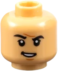 Minifigure, Head Dual Sided Male Black Eyebrows, Eyelashes, Dark Orange Chin Dimple, Open Mouth Smile with Top Teeth and Dimples / Grin and Furrowed Brow Pattern - Vented Stud