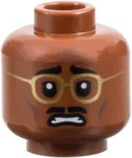 Minifigure, Head Dual Sided Black Eyebrows and Moustache, Gold Glasses, Dark Brown Cheek Lines and Chin Dimple, Worried with Raised Eyebrow Right / Scared Pattern - Vented Stud