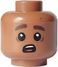 Minifigure, Head Dual Sided Dark Brown Eyebrows, Reddish Brown Dimple, Lopsided Smile / Surprised Open Mouth, White Teeth and Red Tongue Pattern - Vented Stud