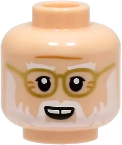 Minifigure, Head White Eyebrows and Beard, Gold Rimmed Glasses, Medium Nougat Forehead Crease and Age Lines, Open Mouth Smile Pattern - Vented Stud