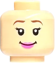 Minifigure, Head Dual Sided Female Reddish Brown Eyebrows, Eyelashes, Dark Pink Lips, Smile / Open Mouth with Teeth Pattern - Vented Stud