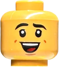 Minifigure, Head Dual Sided Black Eyebrows, Reddish Brown Dimples, Lopsided Open Mouth Smile with Teeth / Laughing with Dark Red Tongue Pattern - Vented Stud