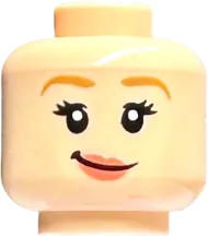 Minifigure, Head Dual Sided Female Medium Nougat Eyebrows, Eyelashes, Coral Lips, Open Mouth Smile with Top Teeth and Tongue / Smirk Pattern - Vented Stud
