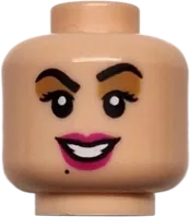 Minifigure, Head Dual Sided Female Black Eyebrows and Eyelashes, Medium Nougat Eye Shadow, Magenta Lips, Beauty Mark, Open Mouth Smile with Teeth / Surprised Pattern - Vented Stud