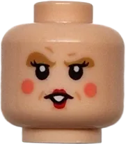 Minifigure, Head Dual Sided Female Medium Nougat Eyebrows, Eye Shadow, and Dimples, Black Eyelashes, Red Lips, Coral Cheeks, Open Mouth with Teeth, Angry / Smile Pattern - Vented Stud
