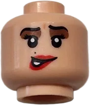 Minifigure, Head Dual Sided Female Black Eyebrows and Eyelashes, Medium Brown Eye Shadow, Red Lips, Beauty Mark, Lopsided Grin, Eyebrows Down / Eyebrows Up Pattern - Vented Stud