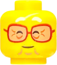 Minifigure, Head Dual Sided White Eyebrows, Reddish Brown Glasses with Nougat Lenses, Closed Eyes, Chin Dimple, Wrinkles, Grin / Open Mouth Smile Pattern - Vented Stud