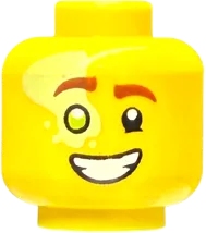 Minifigure, Head Dual Sided Reddish Brown Eyebrows, Lime Right Eye with Yellowish Green Splotch, Smirk / Open Mouth Smile with Teeth Pattern - Vented Stud