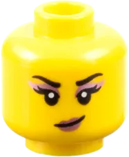 Minifigure, Head Dual Sided Female Black Eyebrows and Eyelashes, Metallic Pink Eye Shadow and Lips, Smirk / Open Mouth Smile with Teeth Pattern - Vented Stud