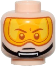 Minifigure, Head Dual Sided Bright Light Orange Visor, Black Chin Strap, Determined / Open Mouth Smile with Teeth Pattern - Vented Stud