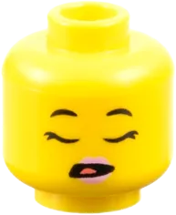 Minifigure, Head Dual Sided Female Black Eyebrows and Eyelashes, Bright Pink Lips, Grin / Open Mouth with Coral Tongue, Sleeping Pattern - Vented Stud