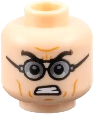 Minifigure, Head Dual Sided Black Thick Eyebrows, Glasses with Dark Silver Lenses, Medium Nougat Cheek Lines, Open Mouth Smile / Bared Teeth with Furrowed Brow Pattern - Vented Stud