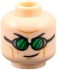 Minifigure, Head Dual Sided Black Eyebrows, Medium Nougat Cheek Lines and Wrinkles, Furrowed Brow, Open Mouth Smile with Top Teeth / Lopsided Grin, Goggles with Green Lenses Pattern - Vented Stud