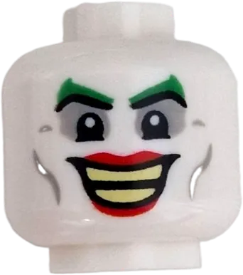 Minifigure, Head Green Eyebrows, Red Lips, Light Bluish Gray Eye Shadow and Cheek Lines, Open Mouth Smile with Bright Light Yellow Teeth Parted Pattern &#40;The Joker&#41; - Vented Stud