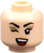 Minifigure, Head Dual Sided Female Black Angled Eyebrows and Eyelashes, Dark Tan Eye Shadow, Nougat Lips, Open Mouth Smile with Teeth / Winking, Red Tongue Pattern - Vented Stud