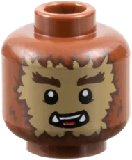 Minifigure, Head Dual Sided Alien Dark Brown Bushy Eyebrows and Fur, Dark Tan Face, Lower Fangs, Scowl / Open Mouth Smile with Top Teeth and Red Tongue Pattern - Vented Stud