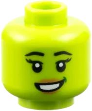 Minifigure, Head Dual Sided Female Black Eyebrows and Eyelashes, Dark Green Dimple, Medium Nougat Lips, Lopsided Grin / Open Mouth Smile with Teeth Pattern - Vented Stud