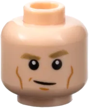 Minifigure, Head Dual Sided Dark Tan Eyebrows, Medium Nougat Cheek Lines and Chin Dimple, Smirk / Scowl with Scar and Bandage Pattern - Vented Stud