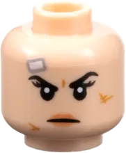 Minifigure, Head Dual Sided Female Black Eyebrows and Eyelashes, Nougat Lips, Grin with Dimple / Scowl with Scars and Bandage Pattern - Vented Stud
