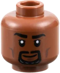 Minifigure, Head Dual Sided Black Eyebrows and Goatee, Dark Brown Cheek Lines and Chin Dimple, Grin / Open Mouth Scowl with Teeth Pattern - Vented Stud