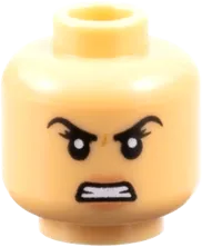Minifigure, Head Dual Sided Female Black Eyebrows and Eyelashes, Nougat Lips, Grin with Dimple / Angry with Bared Teeth Pattern - Vented Stud