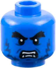 Minifigure, Head Dual Sided Alien Black Bushy Eyebrows, Dark Blue Fur, White Lower Fangs, Open Mouth Scowl with Teeth Parted / Grin with Glasses Pattern - Vented Stud