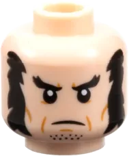 Minifigure, Head Dual Sided Black Bushy Eyebrows, Mutton Chops, and Stubble, Medium Nougat Cheek Lines, Frown / Bared Teeth Parted and White Goggles Pattern - Vented Stud