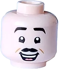 Minifigure, Head Dual Sided Black Eyebrows, Narrow Moustache, Medium Nougat Cheek Dimples, Lopsided Grin / Open Mouth Smile with Top Teeth and Coral Tongue Pattern - Vented Stud