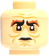 Minifigure, Head Dual Sided Black Bushy Eyebrows, Nougat Eye Shadow and Lower Lip, Medium Nougat Cheek Lines and Wrinkles, Gold Glasses and Open Mouth Smile with Teeth / Reddish Brown Eyebrows and Neutral Pattern - Vented Stud