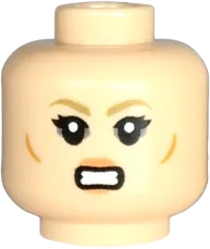 Minifigure, Head Dual Sided Female Dark Tan Eyebrows, Black Eyelashes, Medium Nougat Lips and Cheek Lines, Neutral Closed Mouth / Open Mouth Scowl with Teeth Pattern - Vented Stud