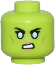 Minifigure, Head Dual Sided Alien Female Black Eyebrows and Single Eyelashes, Bright Light Blue Eyes, Olive Green Cheek Lines, Nougat Lips, Grin / Open Mouth Scowl with Teeth Pattern - Vented Stud