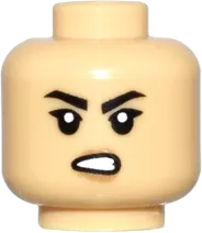 Minifigure, Head Dual Sided Female Black Angled Eyebrows, Thick Single Eyelashes, Nougat Lips, Smirk with Medium Nougat Dimple / Open Mouth Scowl with Teeth Pattern - Vented Stud