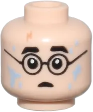 Minifigure, Head Dual Sided Black Eyebrows and Glasses, Nougat Lightning Scar, Angry with Bared Teeth / Shocked with Bright Light Blue Water Splotches Pattern - Vented Stud