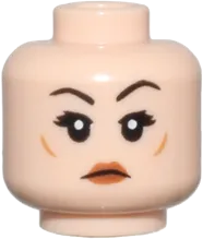 Minifigure, Head Dual Sided Female Black Eyelashes, Dark Brown Eyebrows, Dark Orange Lips, Neutral / Reddish Brown Eyebrows, Nougat Lips and Freckles, Bright Light Blue Water Splotches, Angry Frown Pattern - Vented Stud