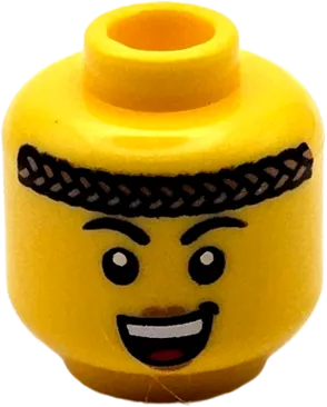 Minifigure, Head Female Black Eyebrows, Dark Tan Braided Headband, Nougat Lips, Open Mouth Smile with Top Teeth and Red Tongue Pattern - Vented Stud