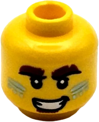 Minifigure, Head Dark Brown Bushy Eyebrows and Soul Patch, Metallic Light Blue Lines and Dots on Cheeks, Open Mouth Smile with Teeth Pattern - Vented Stud
