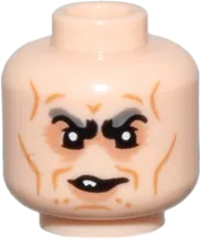 Minifigure, Head Dual Sided Black and Dark Bluish Gray Bushy Eyebrows, Nougat Eye Shadow and Lower Lip, Medium Nougat Cheek Lines and Wrinkles, Lopsided Scowl with Tooth / Angry Frown Pattern - Vented Stud