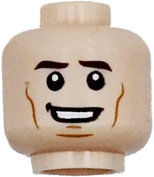 Minifigure, Head Thick Dark Brown Eyebrows, Black Wide Eyes and Open Smile with White Pupils and Teeth, Medium Nougat Cheek Lines and Chin Dimple Pattern - Vented Stud