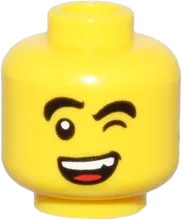 Minifigure, Head Dual Sided Black Thick Eyebrows, Wink and Open Mouth with White Teeth and Red Tongue Smile / Angry Open Mouth Pattern - Vented Stud