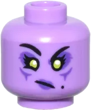 Minifigure, Head Dual Sided Female, Lime Eyes and Dark Purple Eye Shadow and Lips, Crooked Mouth Frown / White Fangs Smile Pattern - Vented Stud
