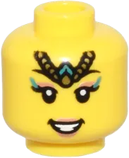 Minifigure, Head Dual Sided Female Thin Black Eyebrows, Nougat Eye Shadow and Lips, Smile / Gold Tiara and Dark Turquoise Highlights Pattern - Vented Stud