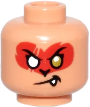 Minifigure, Head Dual Sided, Red Fur, Gold Eye Left, White Eye Right, Crooked Mouth with Fang / Teeth Bared Grimace Pattern - Vented Stud