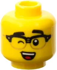 Minifigure, Head Dual Sided, Black Eyebrows and Horn Rimmed Glasses, Grin / Wink with Open Mouth, White Teeth and Red Tongue Pattern - Vented Stud