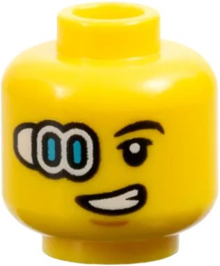 Minifigure, Head Black Eyebrow, White and Medium Azure Cyborg Eyepiece, Medium Nougat Chin Dimple, Lopsided Open Mouth Grin with Teeth Pattern - Vented Stud