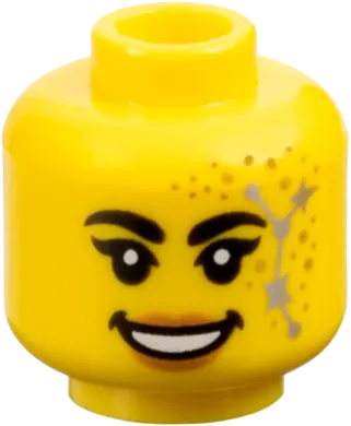 Minifigure, Head Female Black Thick Eyebrows and Single Eyelashes, Nougat Lips, Gold Dots, Silver Stars Constellation, Open Mouth Smile with Teeth Pattern - Vented Stud