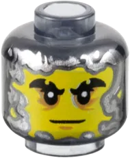 Minifigure, Head Dual Sided, Yellow Face, Black Notched Eyebrows, Medium Nougat Eyeshadow, Neutral / Silver Half Mask Pattern - Vented Stud